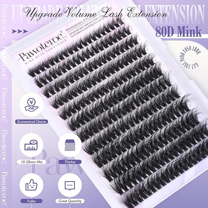 Pawotence Lash Clusters Full 80D Individual Lashes Cluster Eyelash Extensions 10-20mm Mix Eyelash Clusters 240pcs Lash Extension for Self Application (Mink 80D, 0.07D, 10-20mm)