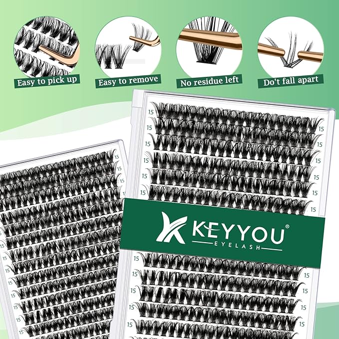 Lash Clusters 300pcs Individual Lashes 40D 0.07D Curl 15mm DIY Eyelash Extension KEYYOU Large Tray Volume Soft&Natural Eyelash Clusters(40D-0.07D,15)