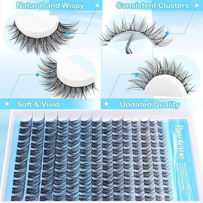 Pawotence Wispy Lash Clusters Natural Cluster Eyelash Extensions 154pcs Individual Lashes 8-16mm Cluster Lashes Extension DIY False Eyelashes Soft Comfortable Natural Eyelash Clusters with Thin Band