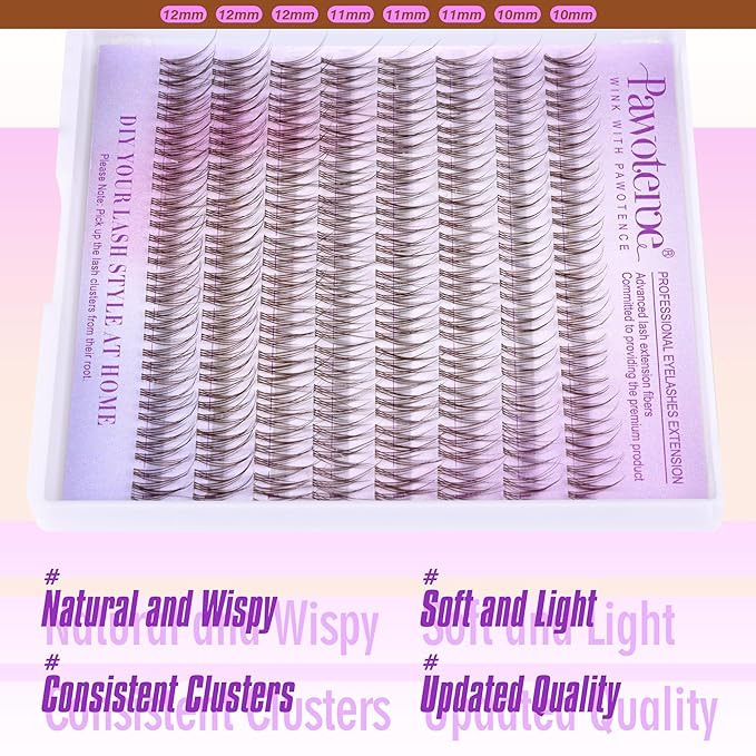 Pawotence Brown Lash Extension Kit Lash Clusters Wispy clear Band 10-12mm Individual Lashes Natural Brown Clusters Eyelash Extension Kit with Lash Bond and Seal, Lash Applicator for Self Use