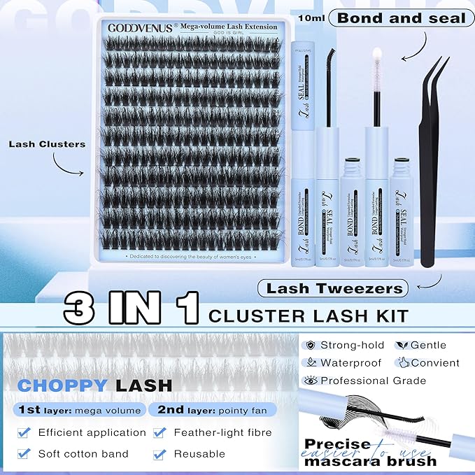 Lash Clusters Kit Wispy Eyelashes Clusters Kit Fluffy Choppy Lash Extension Kit1 12mm -16mm Mixed Lashes Clusters Volume Cluster Eyelash Extensions Kit D Curl DIY Individual Lashes 220Pcs