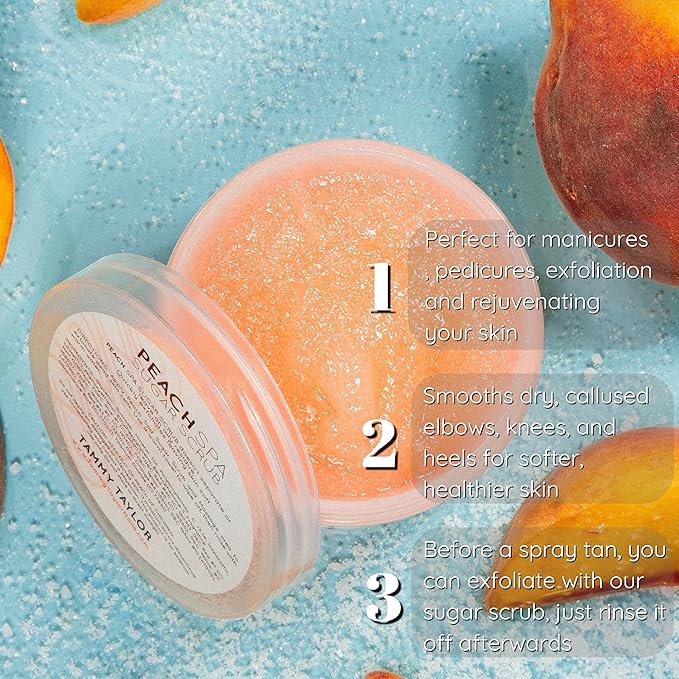 Tammy Taylor Natural Sugar Scrub for Body, Hands, Elbows, Knees, Heels and Feet | Peach Spa Essential Oil Exfoliating Body Scrub for Women and Men | Moisturizing Bath Scrub for Skin Care and Body Care