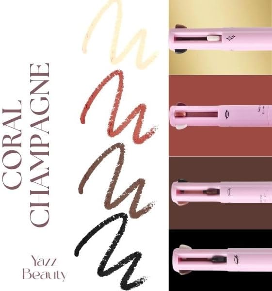 YazzBeauty - 4 in 1 Makeup Touch Up Pen with Brown Mauve Lip Liner, Black Eyeliner, Dark Brown Eyebrow Pencil, and Champagne Gold Highlighter, Compact Beauty Pen, Smudge Proof, Vegan, Cruelty-Free