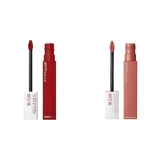 MAYBELLINE Super Stay Matte Ink Liquid Lipstick Bundle with Seductress Light Rosey Nude and Exhilarator Ruby Red Shades, 1 Count Each