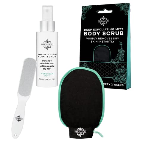 Dermasuri Deep Exfoliating Body Scrub & Foot Scrub Set Bundle - Shower Body Exfoliator Glove, Spa Exfoliation Mitt & Exfoliating Feet Spray, Dry Skin Remover Sole File, Skin Care Spa Treatment Product
