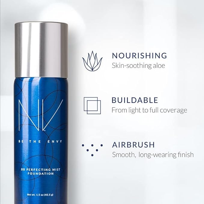 NV BB Perfecting Mist Foundation Buildable Coverage Professional Airbrush Makeup with Plant-based Stem Cell Polypeptides, Vitamins A, D, E and Aloe, 1.5 ounces, Cool Cocoa