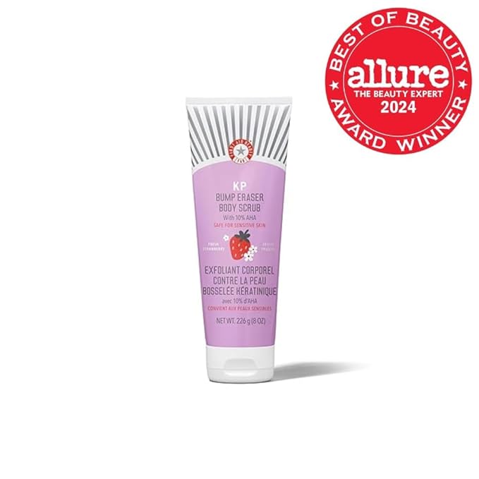First Aid Beauty - KP Bump Eraser Body Scrub with 10% AHA, Keratosis Pilaris Exfoliator with Glycolic and Lactic acids, Helps Reduce Chicken Skin Bumps, Safe for Sensitive Skin, Strawberry Scent, 8 oz