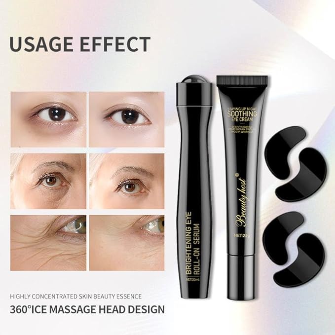 SLT Eye Care Kit - Under Eye Serum for Dark Circles and Puffiness, Soothing Eye Cream and Collagen Eye Mask Patches - Anti-aging, Anti-Puff Under Eye Roller for Dark Circles Under Eye Treatment