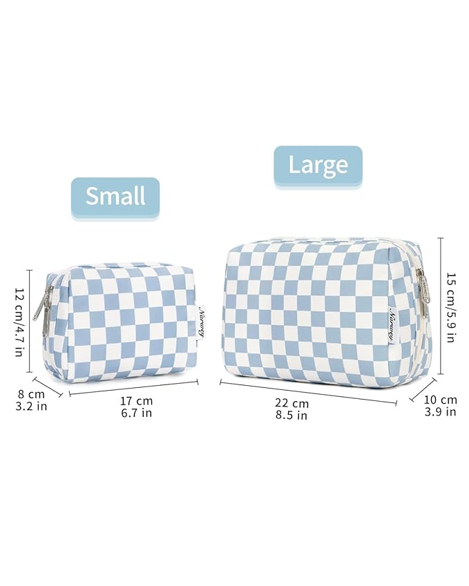 Narwey Small Checkered Makeup Bag for Purse Mini Cosmetic Bag Travel Makeup Pouch Zipper Pouch Cute Make up Bags with Compartments for Women Girls(Small,Sky Blue Checkerboard)