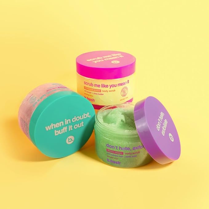 b.fresh Exfoliating Body Scrub | Don't Hate, Exfoliate Soothing Body Polish For Women & Men - Sugar Scrub Enhanced With Hydrating Lactic Acid + Licorice Root, Magic Melon Scent