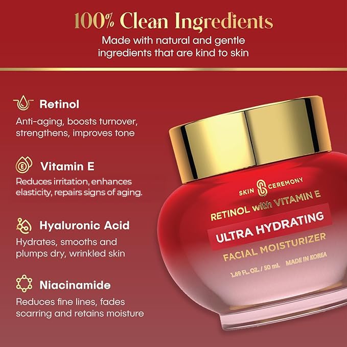 Retinol & Vitamin E Ultra - Hydrating Moisturizer - Smooths Wrinkles & Fine Lines, Softens Skin - Dermatologist Tested, Clean Beauty, Korean Skin Care - 1.69 FL.OZ. (2 Pack)
