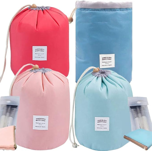 INVODA Makeup Bags Portable Drawstring Cosmetic Bag for Women Foldable Large Travel Toiletry Organizer Bag (Pink+Red+Green+Blue)
