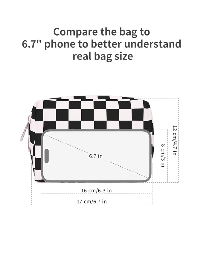Narwey Small Checkered Makeup Bag for Purse Mini Cosmetic Bag Travel Makeup Pouch Zipper Pouch Cute Make up Bags with Compartments for Women Girls (Black Checkerboard, Small)