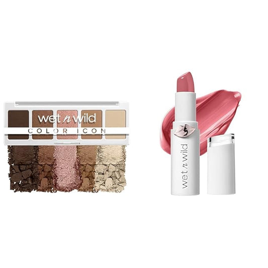 wet n wild Color Icon 5-Pan Palette Brown Walking On Eggshells & Mega Last High-Shine Lipstick Pinky Ring Bundle