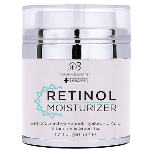 Radha Beauty Moisturizing Miracle Retinol Cream for Face - with 2.5% Retinol, Hyaluronic Acid, Vitamin E and Green Tea. Luxury Night and Day Cream 1.7 fl oz.