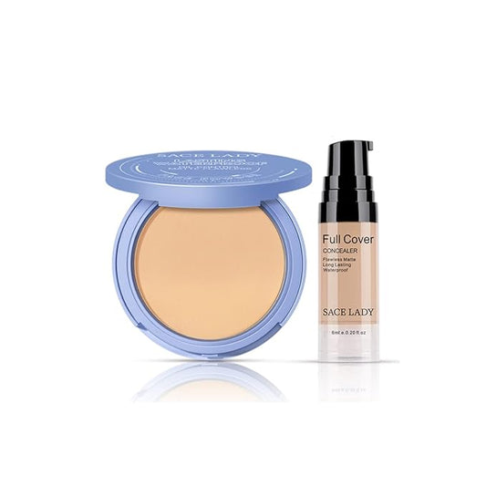 SACE LADY Full Cover Liquid Concealer and Face Pressed Compact Powder Makeup Set, Flawless Lasting Oil Control Face Makeup Kit 2Pcs