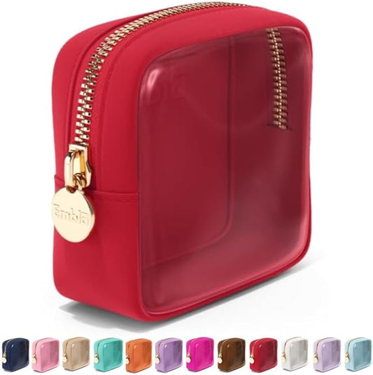 Embla Clear Cosmetic Bag Makeup Case, Clear Zipper Make Up Pouch and Toiletry Travel Tote, Cute Skincare Pouches for Women Girls, Preppy Purse Cosmetic Organizer, Mini Makeup Bags, Ruby Red
