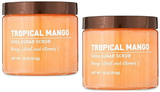 Shea Sugar Scrub, 18 oz ea. container, with, Ultra Hydrating and Exfoliating Scrub for Nourishing Essential Body Care + King Combo QR Code (Tropical Mango (2 count))