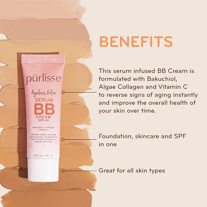 pūrlisse Ageless Glow Serum BB Cream SPF 40 - Glow BB Cream with SPF Enriched with Bakuchiol & Vitamin C to Help Improve Firmness & Reduce Wrinkles for Dewy Skin - Tan Deep (1.4 oz)