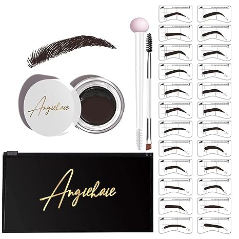 Eyebrow Stamp Stencil Kit, 24 Reusable Thick & Thin Eyebrow Stencils, Waterproof Brow Pomade, Dual-Ended Brush & Sponge Applicator for Perfect Natural Brows (Dark Brown)
