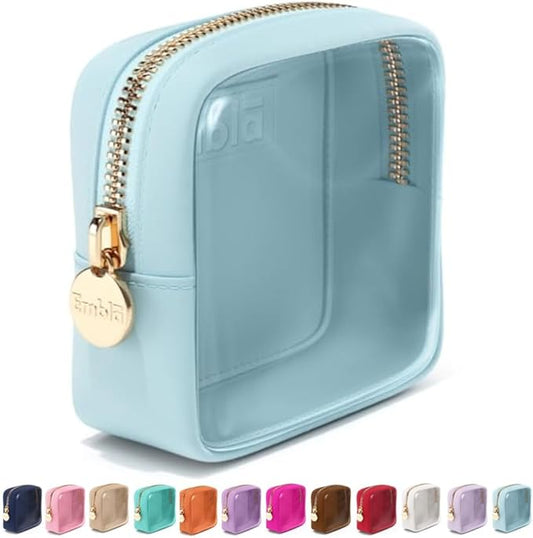 Embla Clear Cosmetic Bag Makeup Case, Clear Zipper Make Up Pouch and Toiletry Travel Tote, Cute Skincare Pouches for Women Girls, Preppy Purse Cosmetic Organizer, Mini Makeup Bags, Sky Blue
