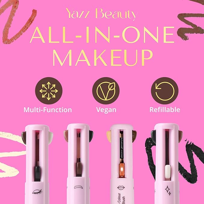 YazzBeauty - 4 in 1 Makeup Touch Up Pen with Brown Mauve Lip Liner, Black Eyeliner, Dark Brown Eyebrow Pencil, and Champagne Gold Highlighter, Compact Beauty Pen, Smudge Proof, Vegan, Cruelty-Free