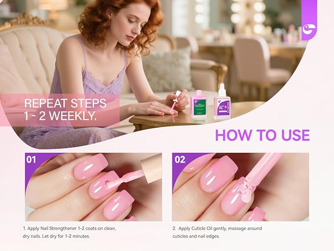 Gelike EC Nail Care Gift Set: Pink Fingernail Strengthener & Peach Cuticle Oil 15ml - Cute & Fruity Manicure Set for Thin Peeling Nails - Women Mom Girlfriend Teens Girls Favorite