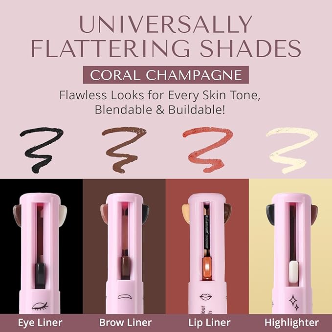 YazzBeauty - 4 in 1 Makeup Touch Up Pen with Brown Mauve Lip Liner, Black Eyeliner, Dark Brown Eyebrow Pencil, and Champagne Gold Highlighter, Compact Beauty Pen, Smudge Proof, Vegan, Cruelty-Free