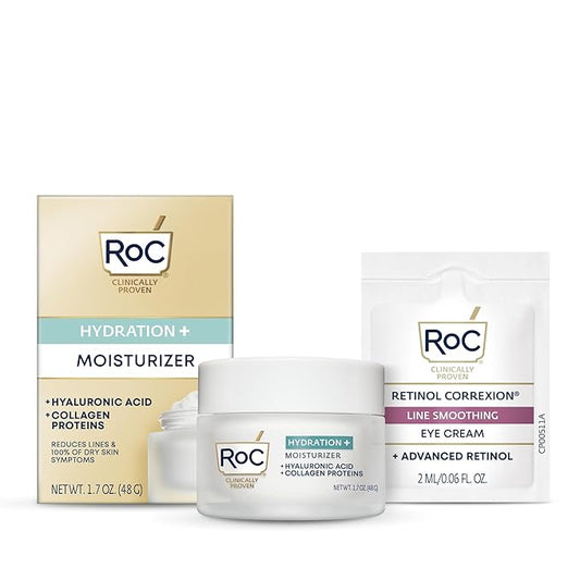 RoC Hydration+ Hyaluronic Acid Moisturizer Face Cream, Hydrating, Smoothing, Fragrance Free Formula with Collagen Proteins (1.7 Ounces) with Retinol Eye Cream Packette