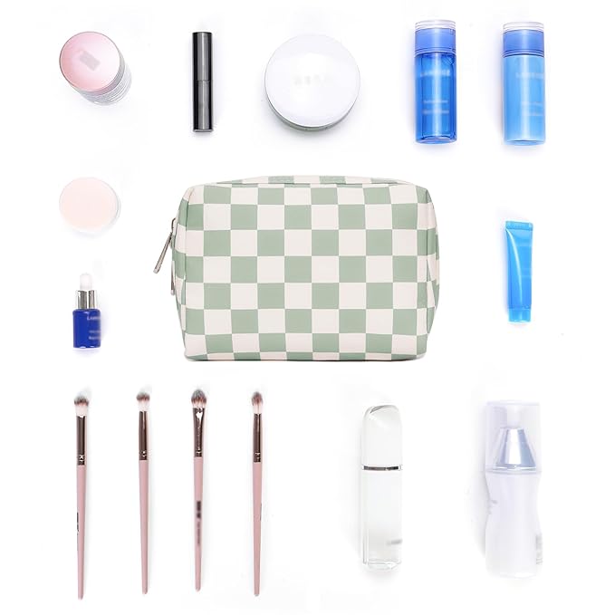 Narwey Small Checkered Makeup Bag for Purse Mini Cosmetic Bag Travel Makeup Pouch Zipper Pouch Cute Make up Bags with Compartments for Women Girls (Mint Green Checkerboard, Small)