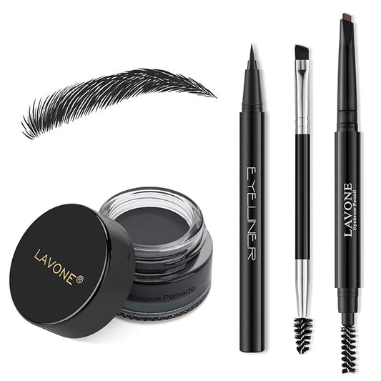 LAVONE Eyebrow Stamp Pencil Kit - Brow Stamp Trio with Waterproof Eyebrow Pencil, Eyeliner, Pomade, and Dual-ended Brush - Black