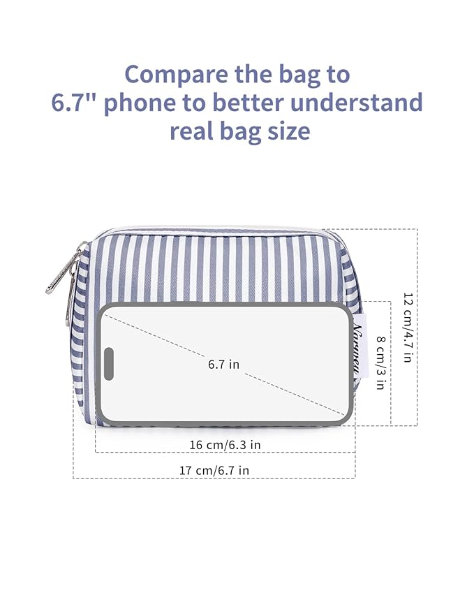 Narwey Small Striped Makeup Bag for Purse Mini Cosmetic Bag Travel Makeup Pouch Zipper Pouch Cute Make up Bags with Compartments for Women Girls (Greyish Blue Stripe, Small)