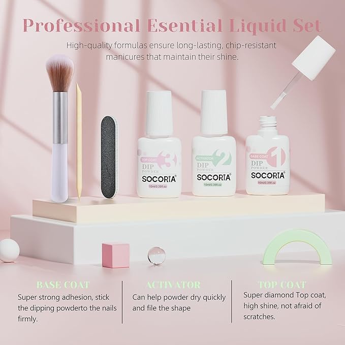 Dip Powder Nail Kit Starter, 9 Pcs Transparent Nude Pink Nude Skin Colors Dipping Powder Liquid Set with Base Top Coat and Activator for Nail Art Manicure Salon DIY at Home