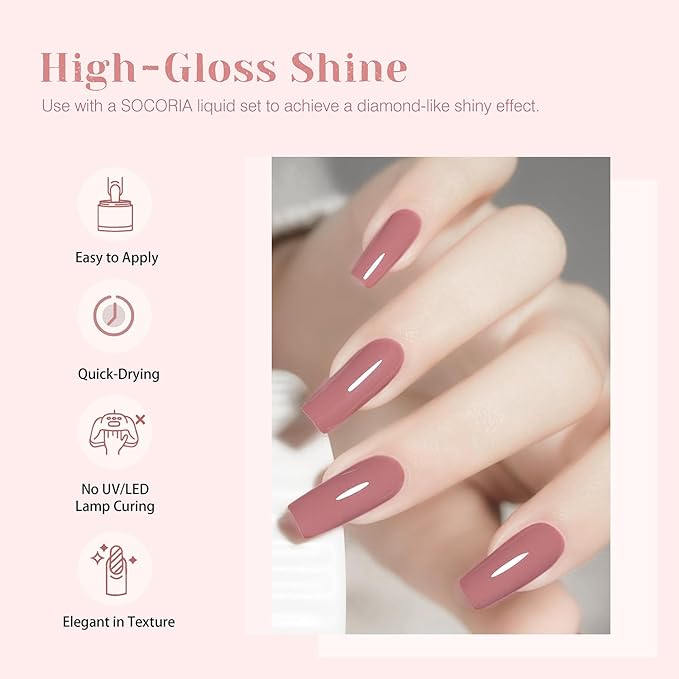 Dip Powder Nail Kit Starter, Skin Color Red Bean Paste Glitter Dipping Powder Liquid Set with Base Top Coat and Activator for Nail Art Manicure Salon DIY 9 Pcs