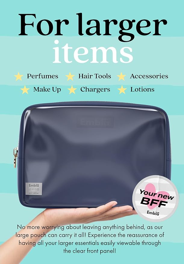 Embla Clear Cosmetic Bag Makeup Case, Clear Zipper Make Up Pouch and Toiletry Travel Tote, Cute Skincare Pouches for Women Girls, Preppy Purse Cosmetic Organizer, Large Makeup Bags, Sapphire