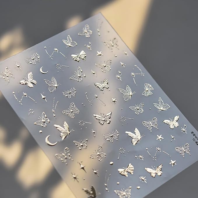 1 Sheets Gold Butterfly Nail Art Stickers 5D Self Adhesive Embossed Star Nail Stickers for Nail Art Gold Moon Stars Butterflies Nail Decals Nails Design Supplies for Women Girl DIY Manicure Decor