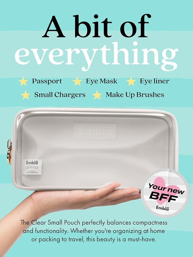 Embla Clear Cosmetic Bag Makeup Case, Clear Zipper Make Up Pouch and Toiletry Travel Tote, Cute Skincare Pouches for Women Girls, Preppy Purse Cosmetic Organizer, Small Makeup Bags, White
