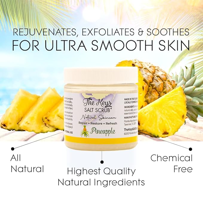 The Keys Salt Scrub - Exfoliating Body Scrub - scrub for hands, feet, butt, booty, bikini area, Made with Pure Florida Sea Salt Organic Essential Oils with Spoon(Pineapple, Travel Size, 3 pack 3.4 oz)