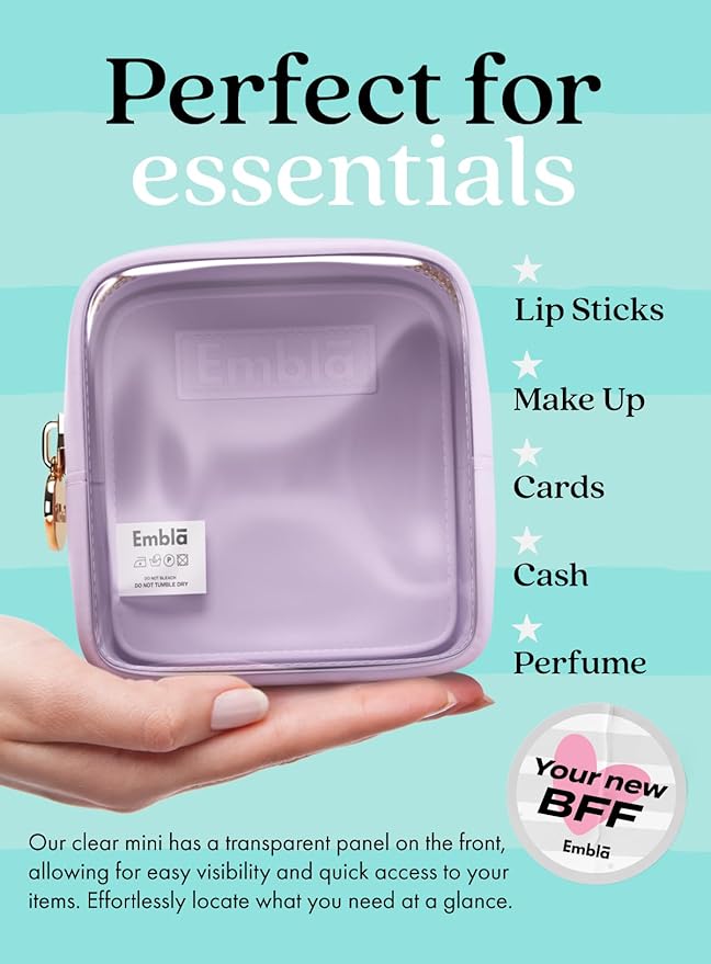 Embla Clear Cosmetic Bag Makeup Case, Clear Zipper Make Up Pouch and Toiletry Travel Tote, Cute Skincare Pouches for Women Girls, Preppy Purse Cosmetic Organizer, Mini Makeup Bags, Lilac
