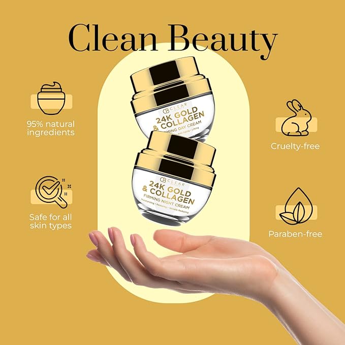 24K Gold & Collagen Day/Night Moisturizer Set - Dermatologist Tested, Hydrating, Anti-Aging Cream, Natural Ingredients, Cruelty Free Korean Skin Care, All Skin Types - Value Pack