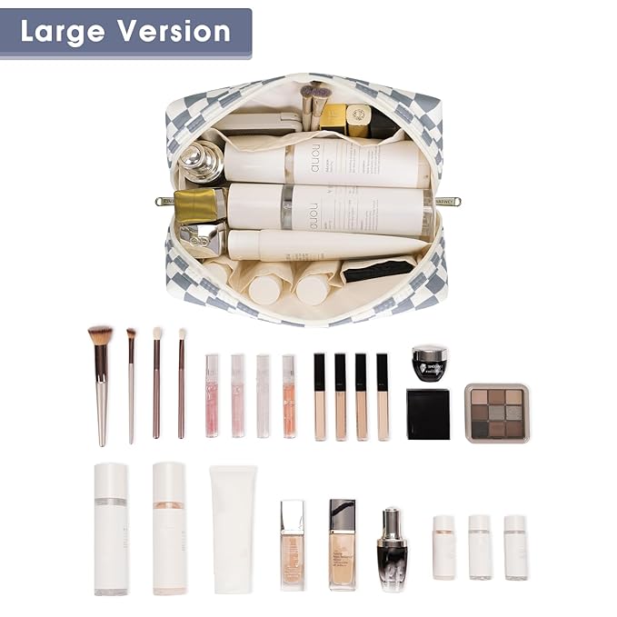 Narwey Checkered Makeup Bag Travel Cosmetic Bag Organizer Toiletry Bag Make Up Bags with Compartments for Women Girls (Large, Grayish Blue Checkerboard)