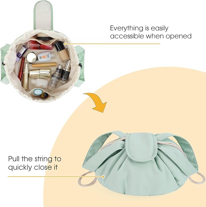 Narwey Barrel Drawstring Makeup Bag Large Floral Cosmetic Bag Make up Bags Toiletry Bag Travel Bags for Toiletries Organizer for Women Gift for Teen Girls (Mint Green) (Patent)