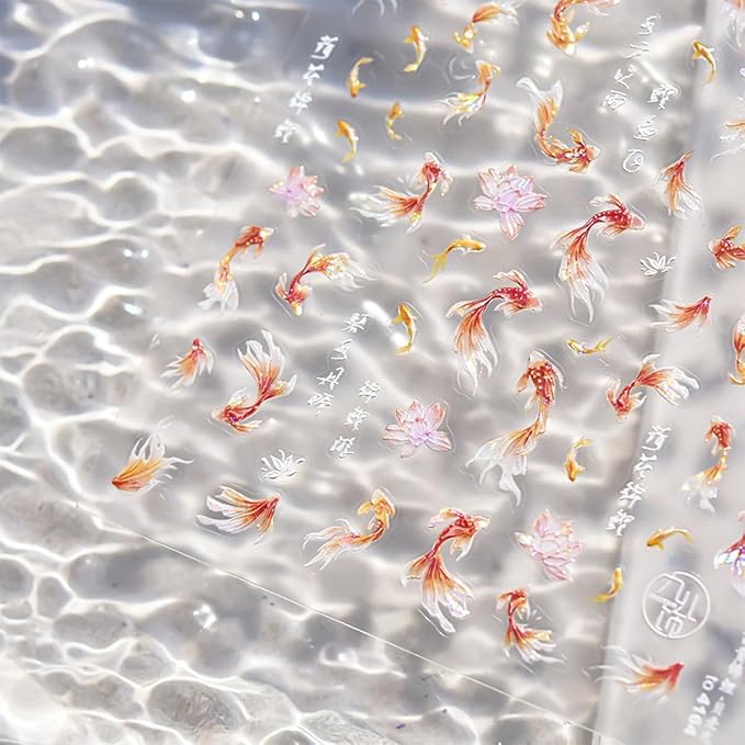 1 Sheets 5D Goldfish Nail Stickers for Nail Art Self Adhesive Embossed Lotus Flower Nail Art Stickers Shell Light Koi Design Nail Decals Nails Supplies for Women Girl DIY Nail Decoration