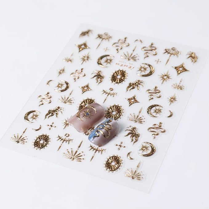 1 Sheets 5D Gold Star Nail Stickers for Nail Art Self Adhesive Embossed Moon Snake Nail Art Stickers Gold Star Moon Snake Design Nail Decals for Women Girl DIY Nail Decoration