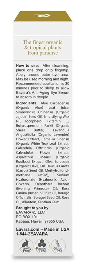 Organic Anti Aging Eye Cream for Dark Circles and Puffiness, Natural Under Eye Serum with Hyaluronic Acid, Jojoba Oil, Vitamin E, Aloe Vera, Helps Reduce Fine Lines & Wrinkles 1.0 Fl Oz