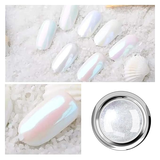 6 Pcs White Chrome Powder, Pearl Effect Nail Powder Shell Nail Glitter Dust Nail Powder with Magic Mirror Effect for Nail Art Design Decoration