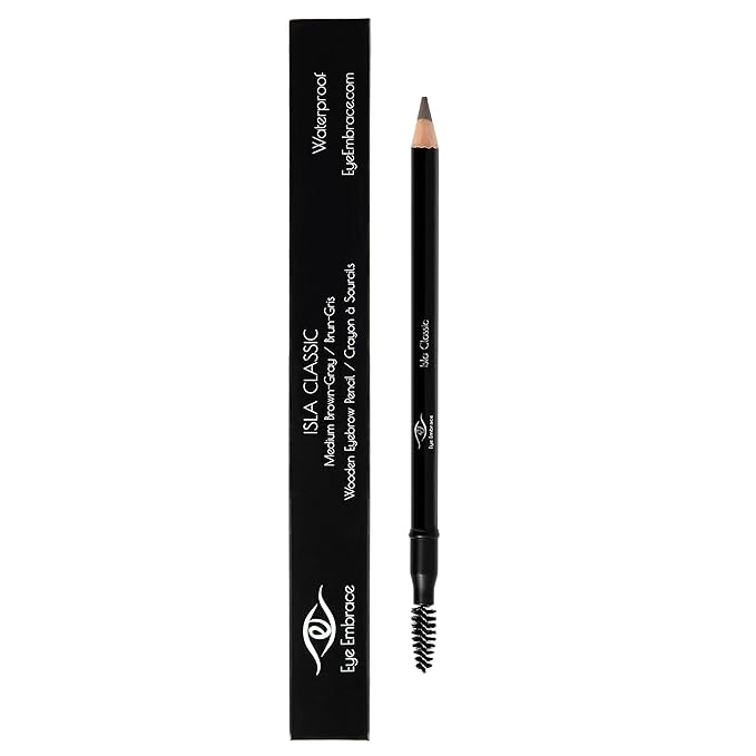 Eye Embrace Isla Classic: Medium Brown-Gray Wooden Eyebrow Pencil – Waterproof, Double-Ended Pencil with Sharpener & Spoolie Brush, Cruelty-Free