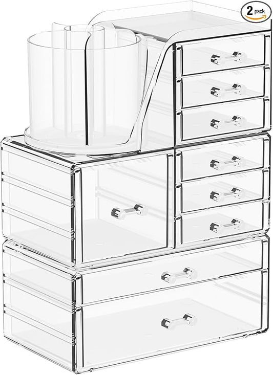3 Pack Clear Makeup Organizer Countertop,9 Drawers Bathroom Vanity Organizer with Make up Brush Holder,Make up Organizers for Counter,Skincare Organizers for Dresser Top Beauty,Hair Product Organizer