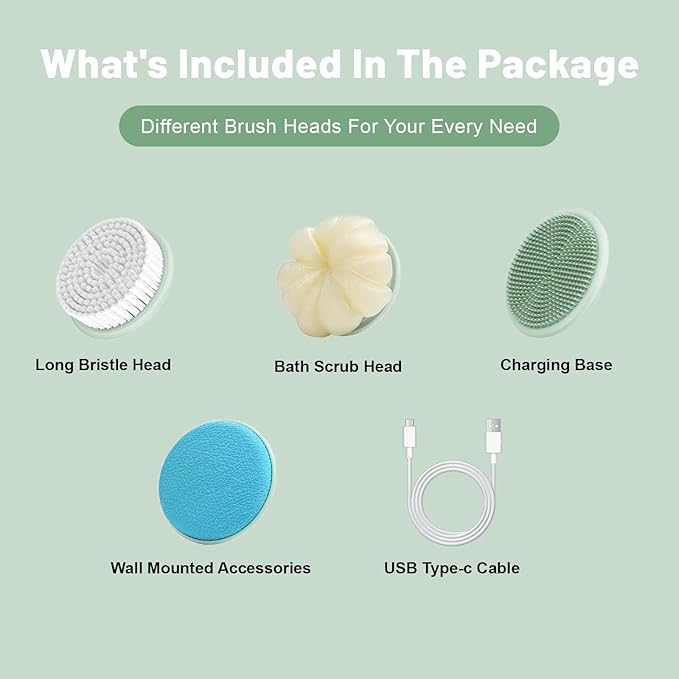 Electric Body Brush Back Scrubber for Shower Rechargeable, Exfoliating Bath Brush Waterproof Long Dual Handle Power Body Scrubber with 4 Heads, 2 Speeds, for Cleansing Massaging Skin