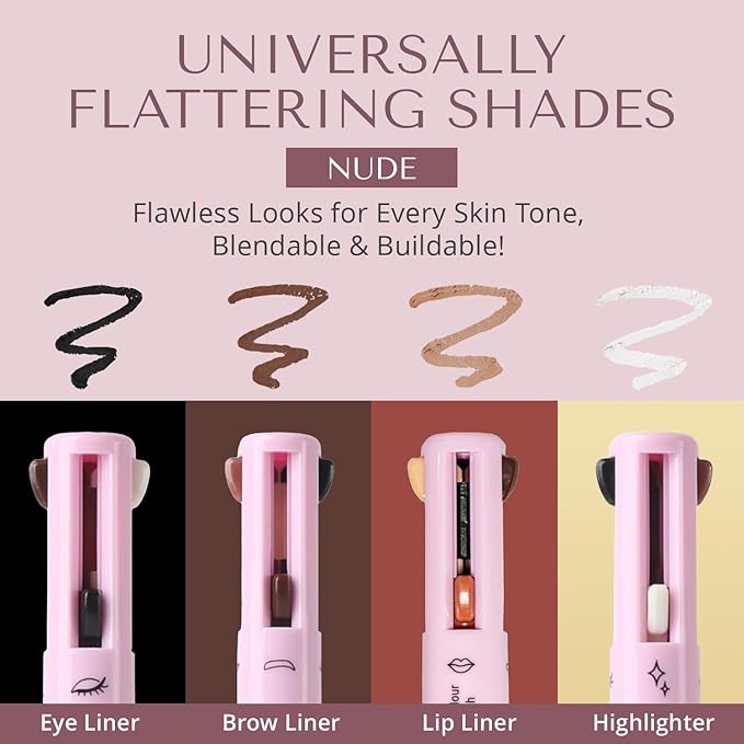 YazzBeauty - 4 in 1 Makeup Touch Up Pen with Nude Lip Liner, Black Eyeliner, Medium Brown Eyebrow Pencil, and Radiant White Matte Highlighter, Compact Beauty Pen, Smudge Proof, Vegan, Cruelty-Free